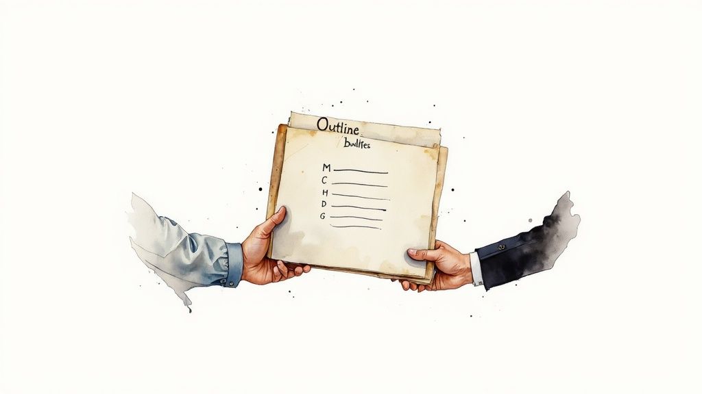 Two hands holding clipboard with book outline template showing bullet points for chapters