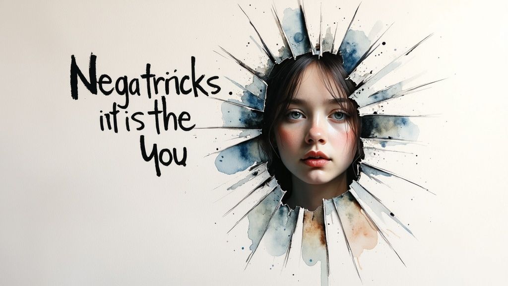 A young woman's face peers through a shattered, artistic opening with watercolor accents and handwritten text.