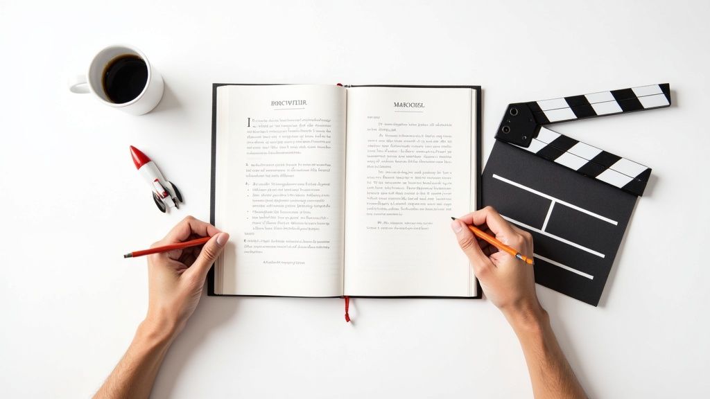 Overhead shot of hands writing in an open book, surrounded by creative props.