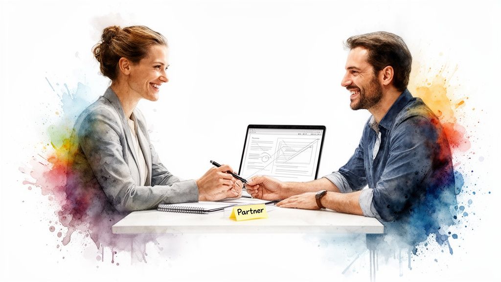 Two smiling business partners discuss work at a table with a laptop, surrounded by colorful watercolor splashes.