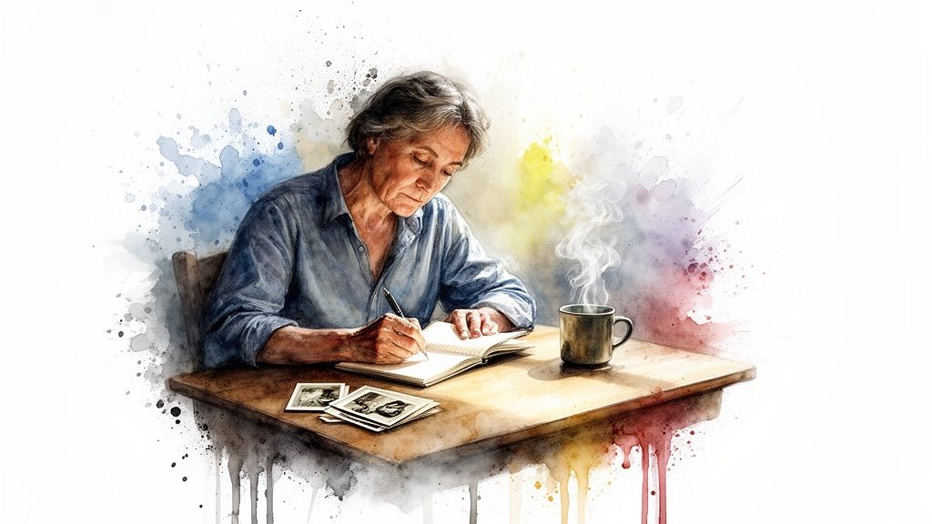 An older woman writing in a notebook with a pen, surrounded by old photos and a steaming mug.