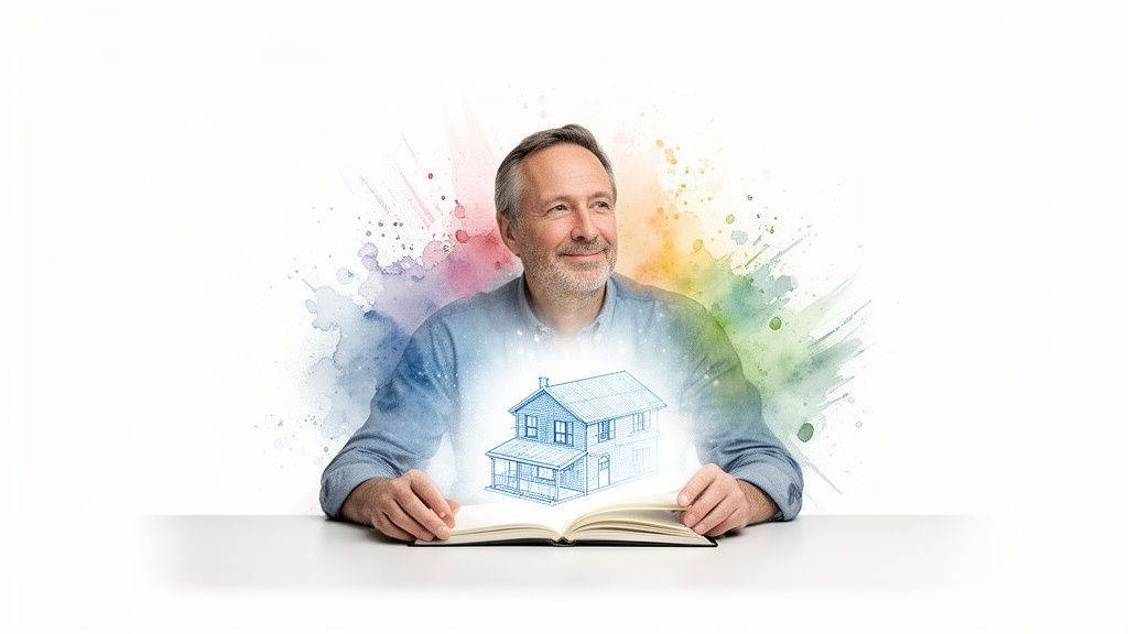 A man smiles, looking at a glowing blueprint house emerging from an open book.