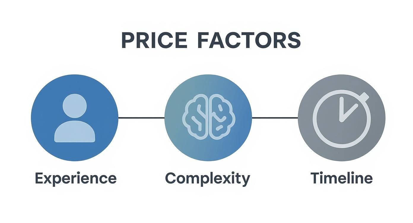 Diagram illustrating price factors: experience, complexity, and timeline, each represented by a distinct icon.
