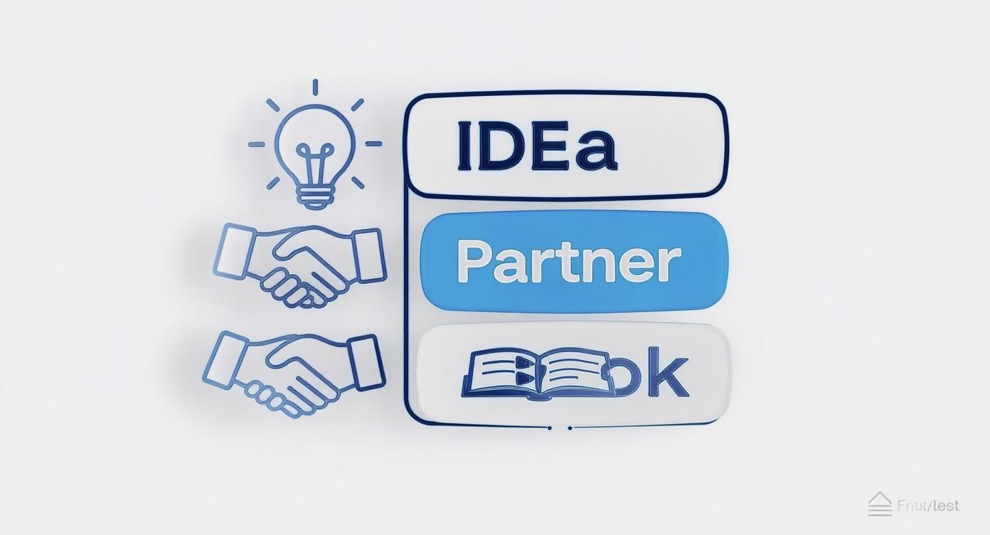 Illustration showing a lightbulb for an idea, handshakes for a partner, and an open book.
