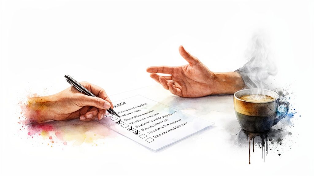 Watercolor art: one hand writes on a checklist, another gestures, a steaming coffee cup.