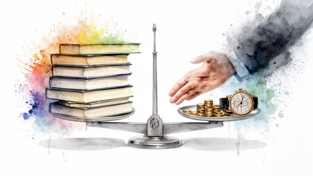 A scale balances a stack of books against coins and a watch, representing the value of knowledge versus material wealth and time.