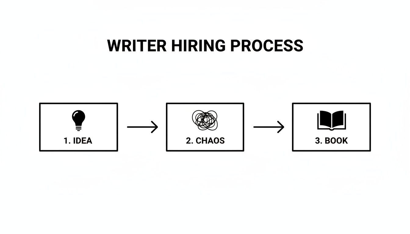 A simple flowchart illustrates the writer hiring process: Idea, Chaos, and Book stages.