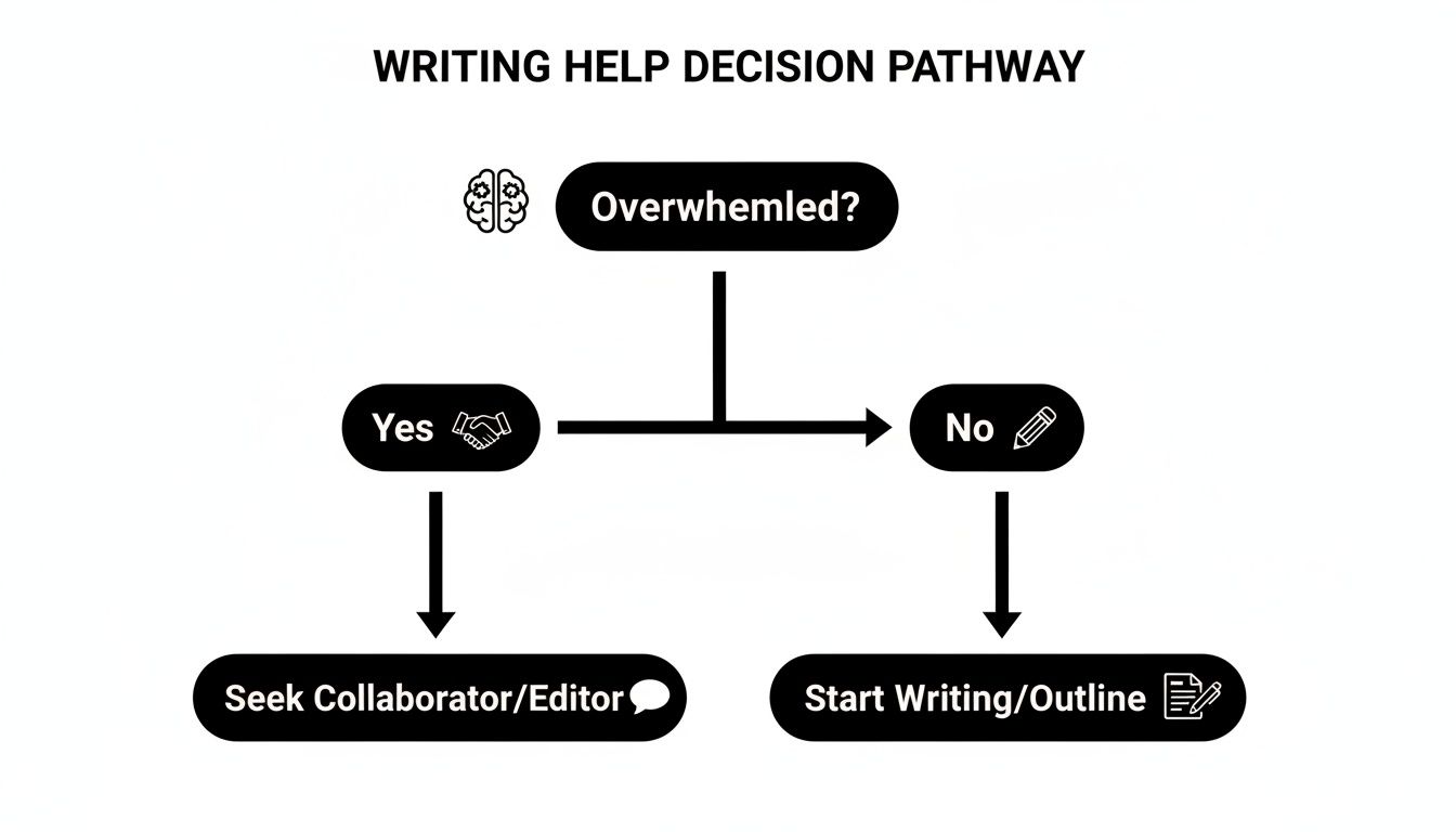Writing help decision pathway flowchart guiding users based on feeling overwhelmed to collaborate or start writing.