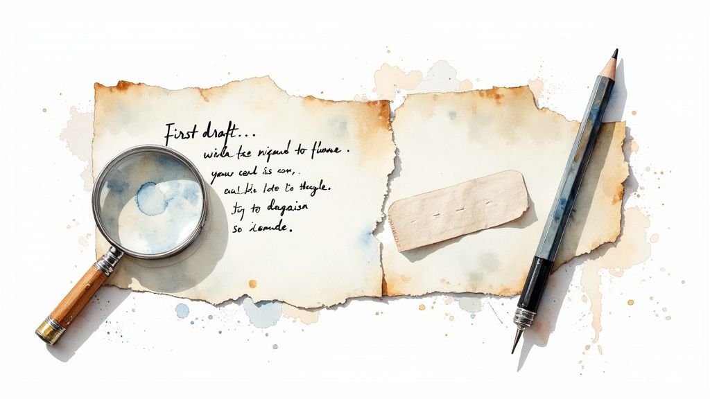 A watercolor illustration of a first draft text on aged paper with a magnifying glass and a pencil.