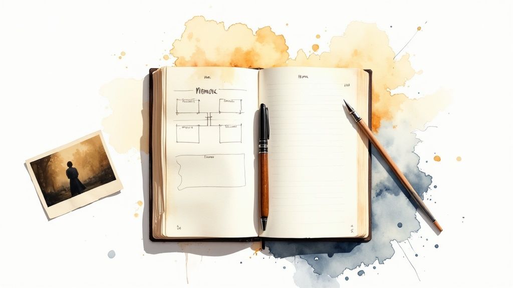 Open memoir journal with outline sketches, fountain pen, and vintage photograph on watercolor background