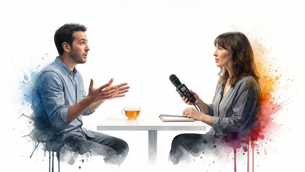 A man speaks to a woman holding a microphone at a table, suggesting an interview.