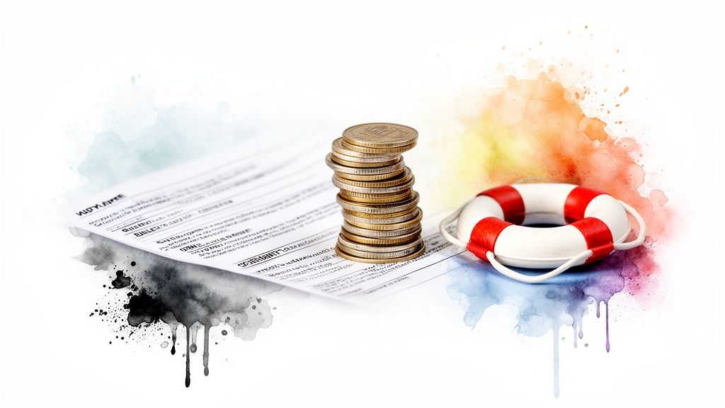 A stack of coins, a contract document, and a lifebuoy with colorful watercolor splashes.