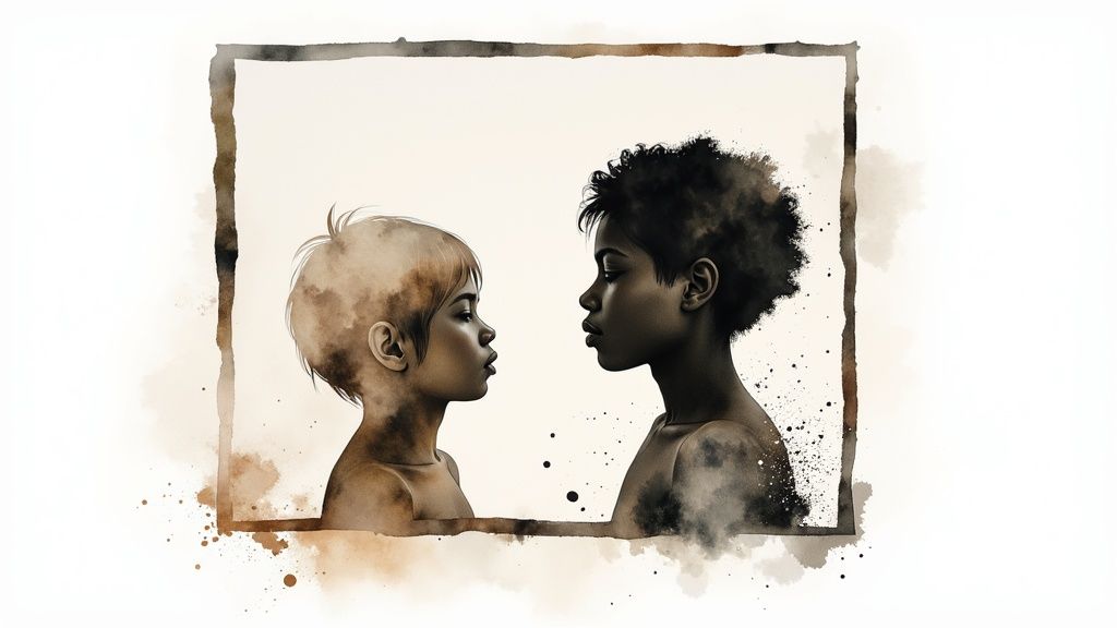 Sepia watercolor painting shows two children, one light and one dark, facing each other in profile.