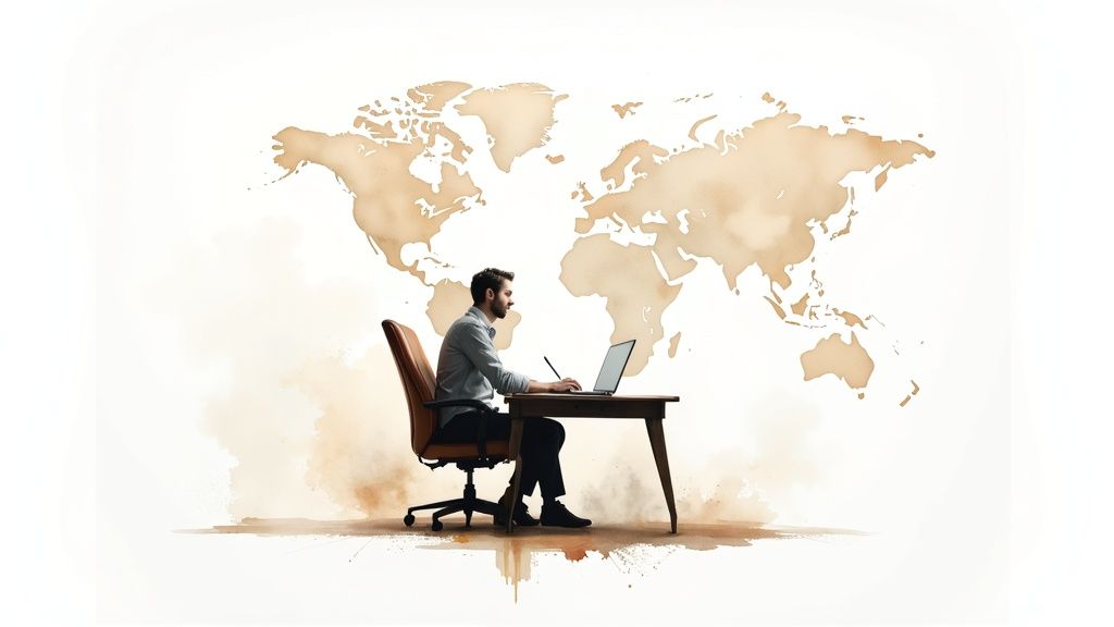 Man working on a laptop at a desk with a watercolor world map backdrop.