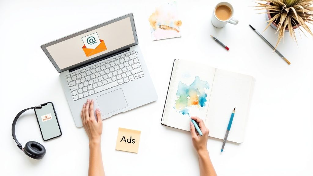 Flat lay of a desk with hands on laptop and painting in a sketchbook, showing email and 'Ads' note.