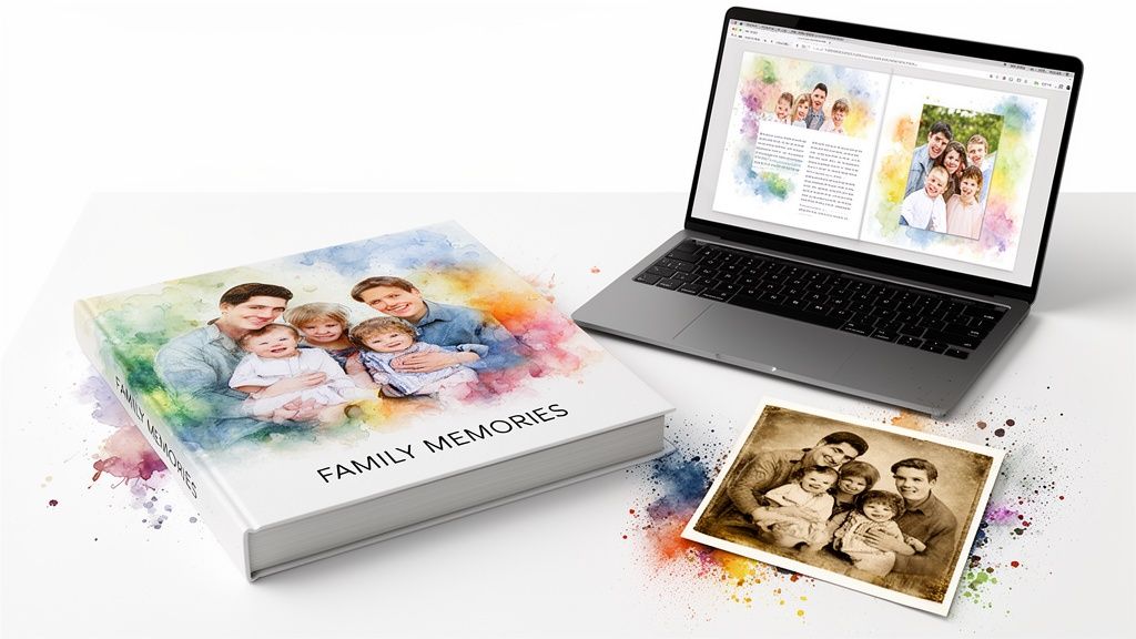 A custom family photo book, a laptop displaying a digital album, and a sepia photo with colorful watercolor splashes.