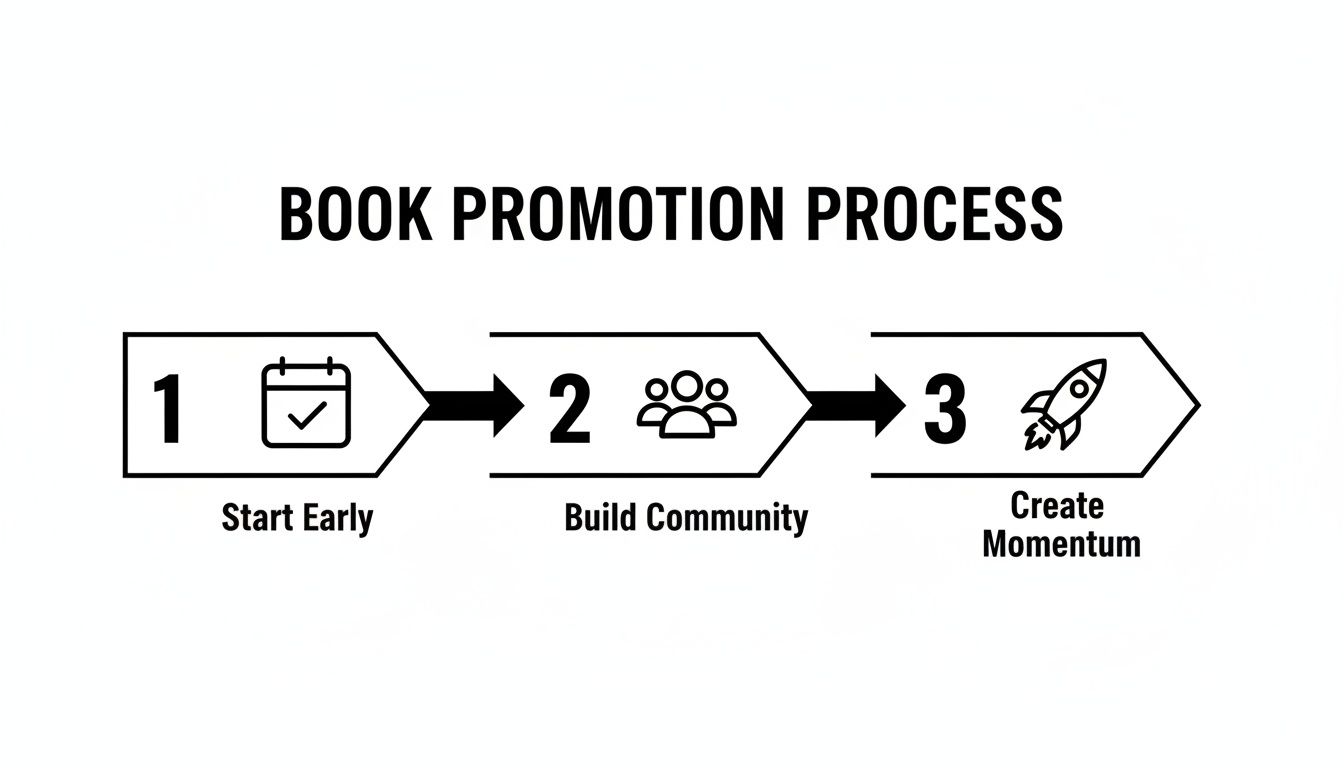 Infographic showing a 3-step book promotion process: Start Early, Build Community, Create Momentum.