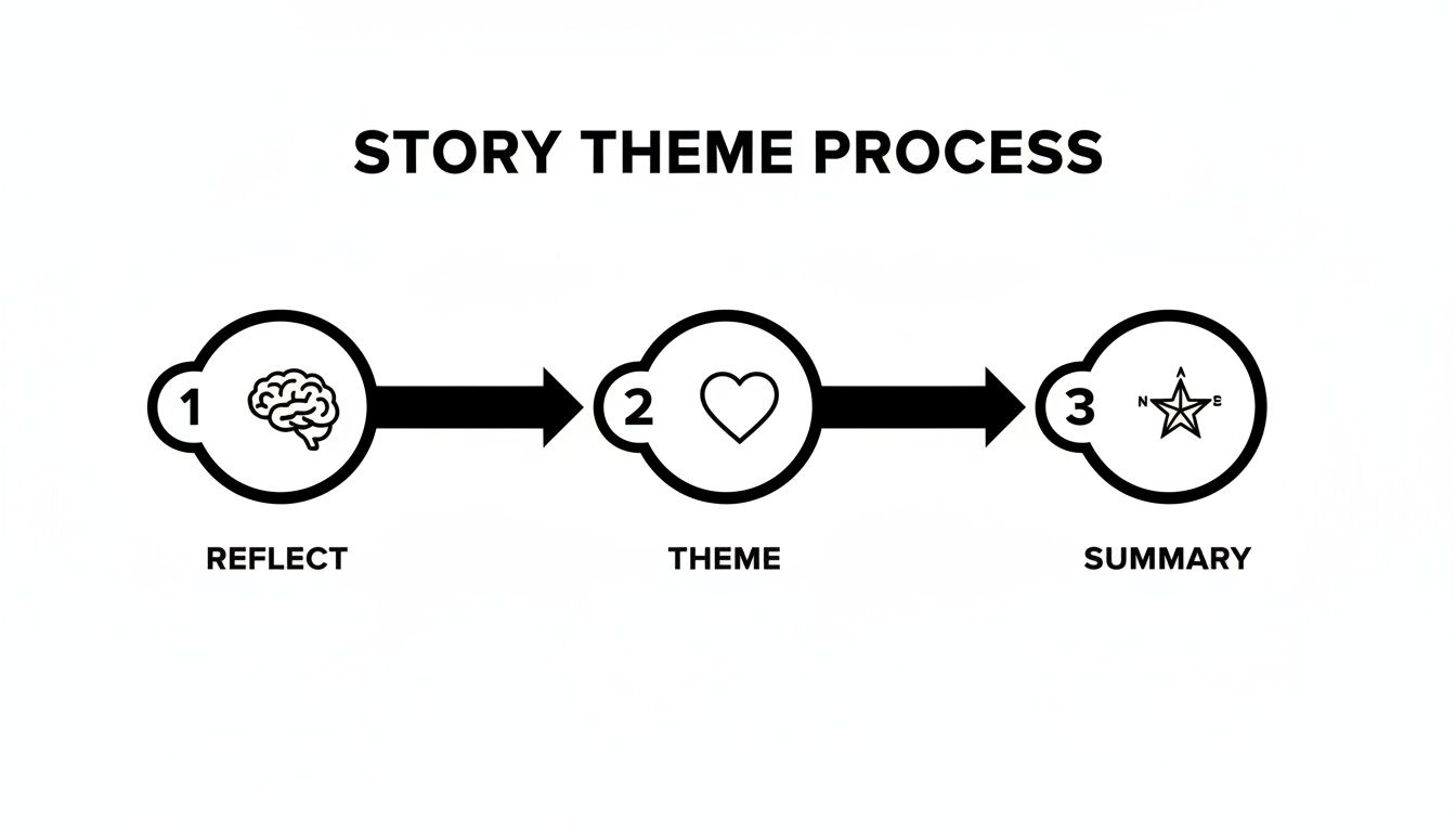 A three-step diagram illustrating the story theme process: Reflect, Theme, and Summary.