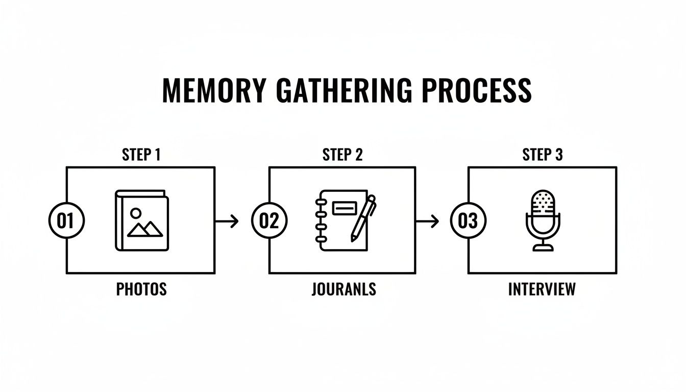 Diagram showing a three-step memory gathering process using photos, journals, and interviews.