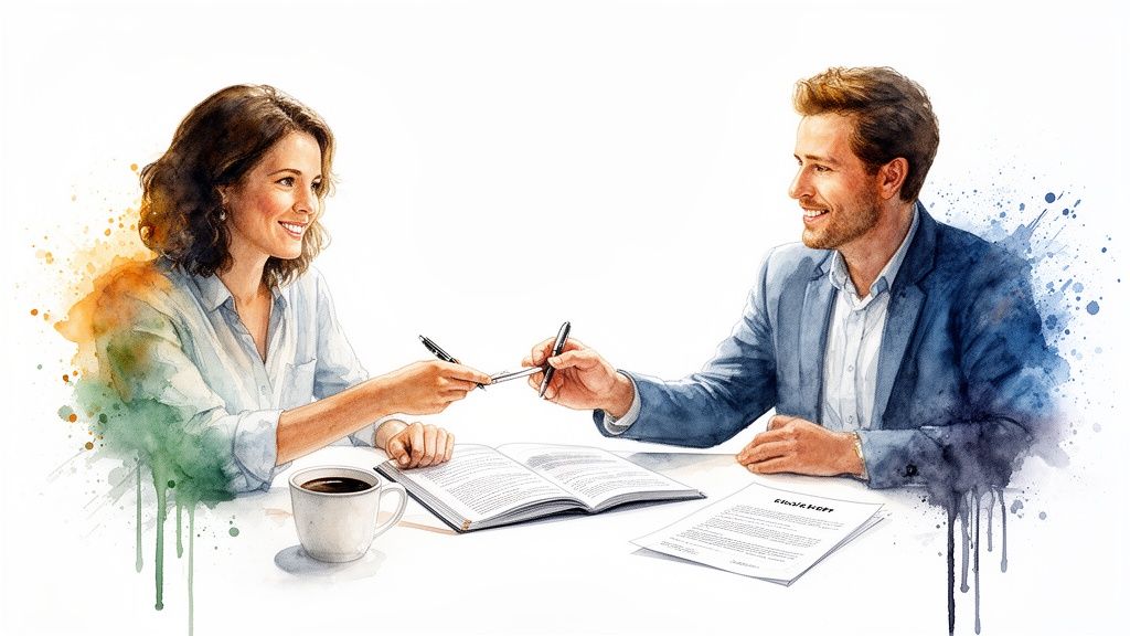 Watercolor illustration of two smiling professionals exchanging a pen over documents and coffee.