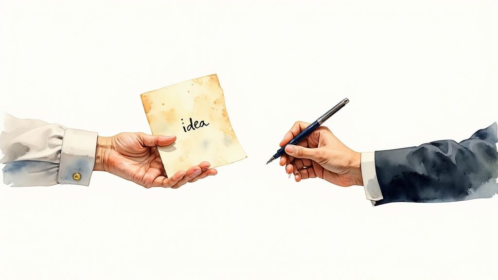 Watercolor illustration of two hands, one offering a paper with 'idea', the other holding a pen.