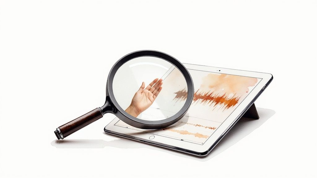 A magnifying glass magnifies a hand over a tablet displaying an audio waveform on a white background.
