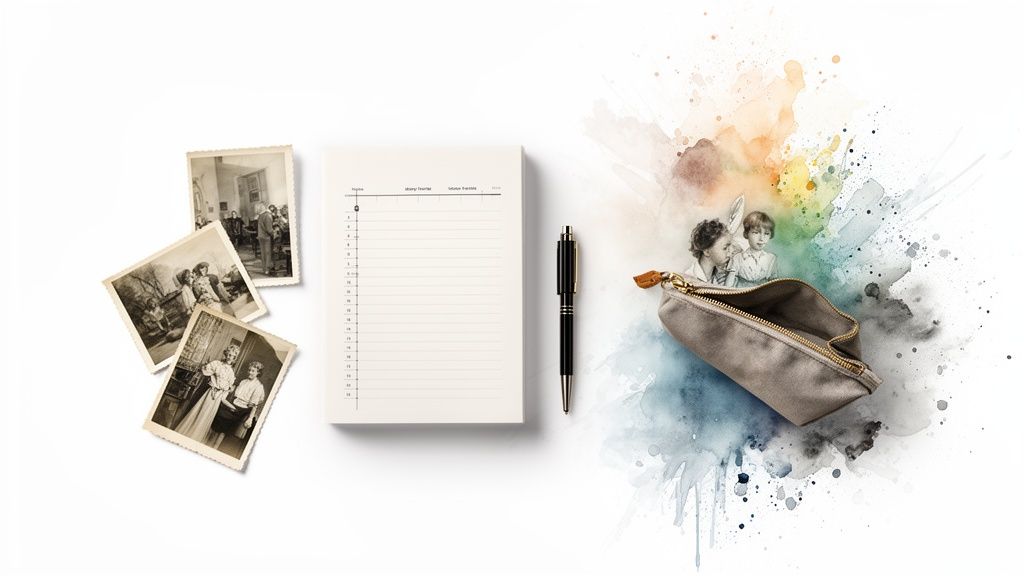 A flat lay of old black and white photographs, a planner, a pen, and a pouch with watercolor splashes.