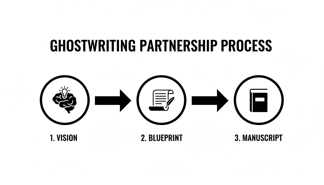 A diagram illustrates the ghostwriting partnership process, showing steps from vision to blueprint and final manuscript.
