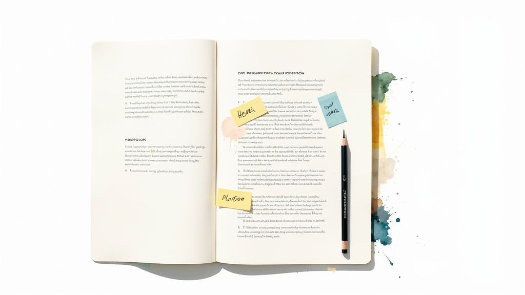 An open notebook with handwritten text, sticky notes, and a pencil on a white background with watercolor splatters.
