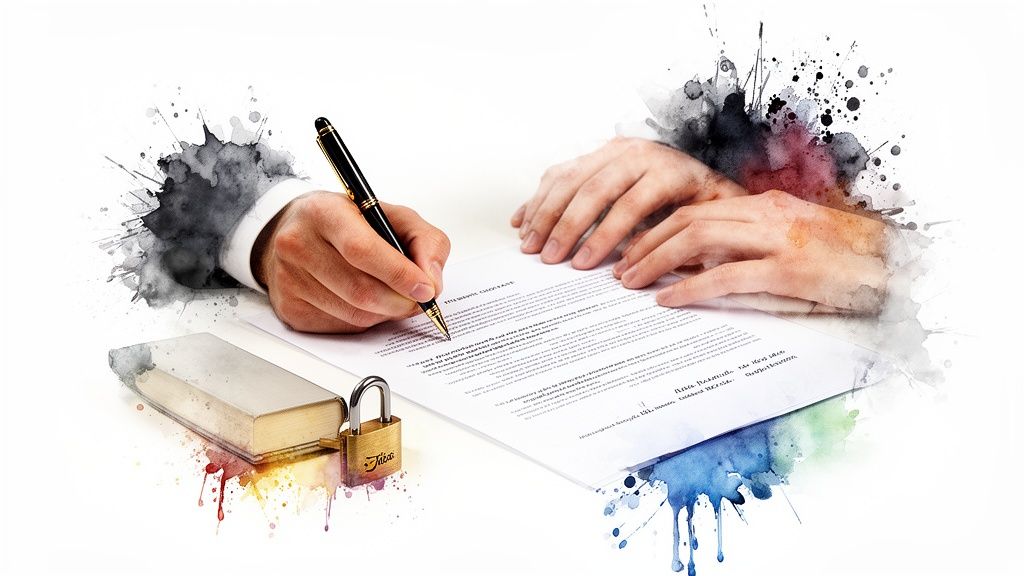 A hand signs a document with a pen, next to a book and padlock, featuring watercolor accents.