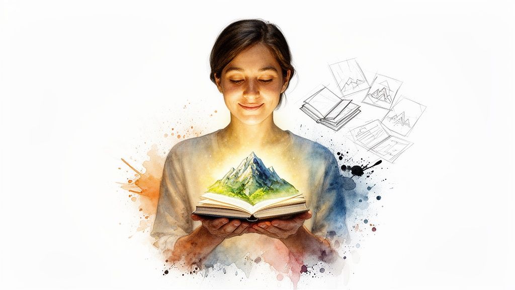 A person holds an open book with a glowing mountain, surrounded by watercolor and sketches.