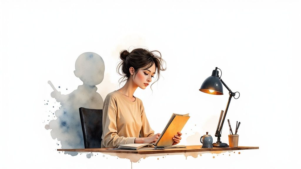 A focused woman reads a book at a desk with a warm lamp and watercolor child's silhouette.