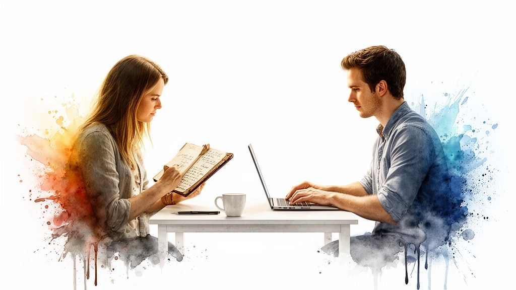 Creative image of a woman writing in a journal and a man typing on a laptop, with colorful watercolor art.