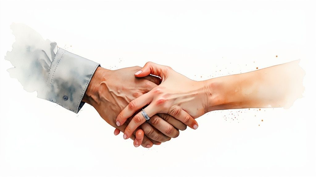 Watercolor painting of a man's and a woman's hands shaking, symbolizing agreement or partnership.