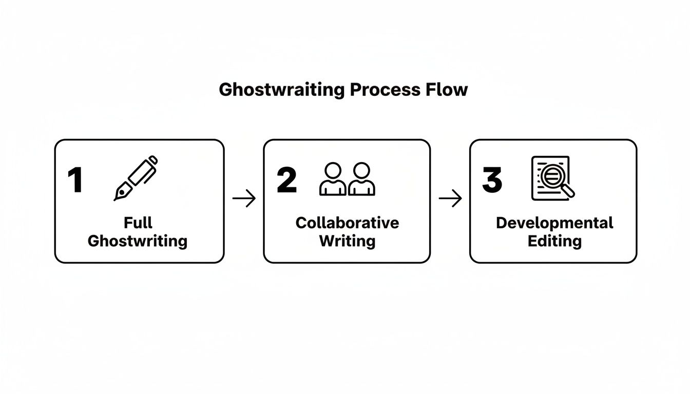 A three-step flow chart illustrating the ghostwriting process: Full Ghostwriting, Collaborative Writing, and Developmental Editing.