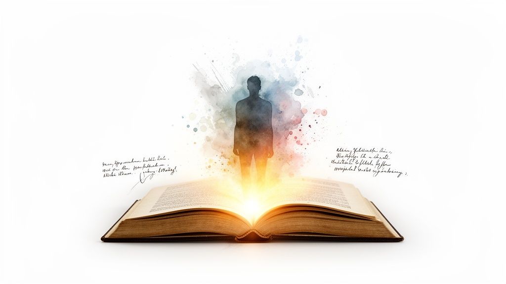 An open book glowing with light, from which a person's silhouette emerges amidst colorful splatters.