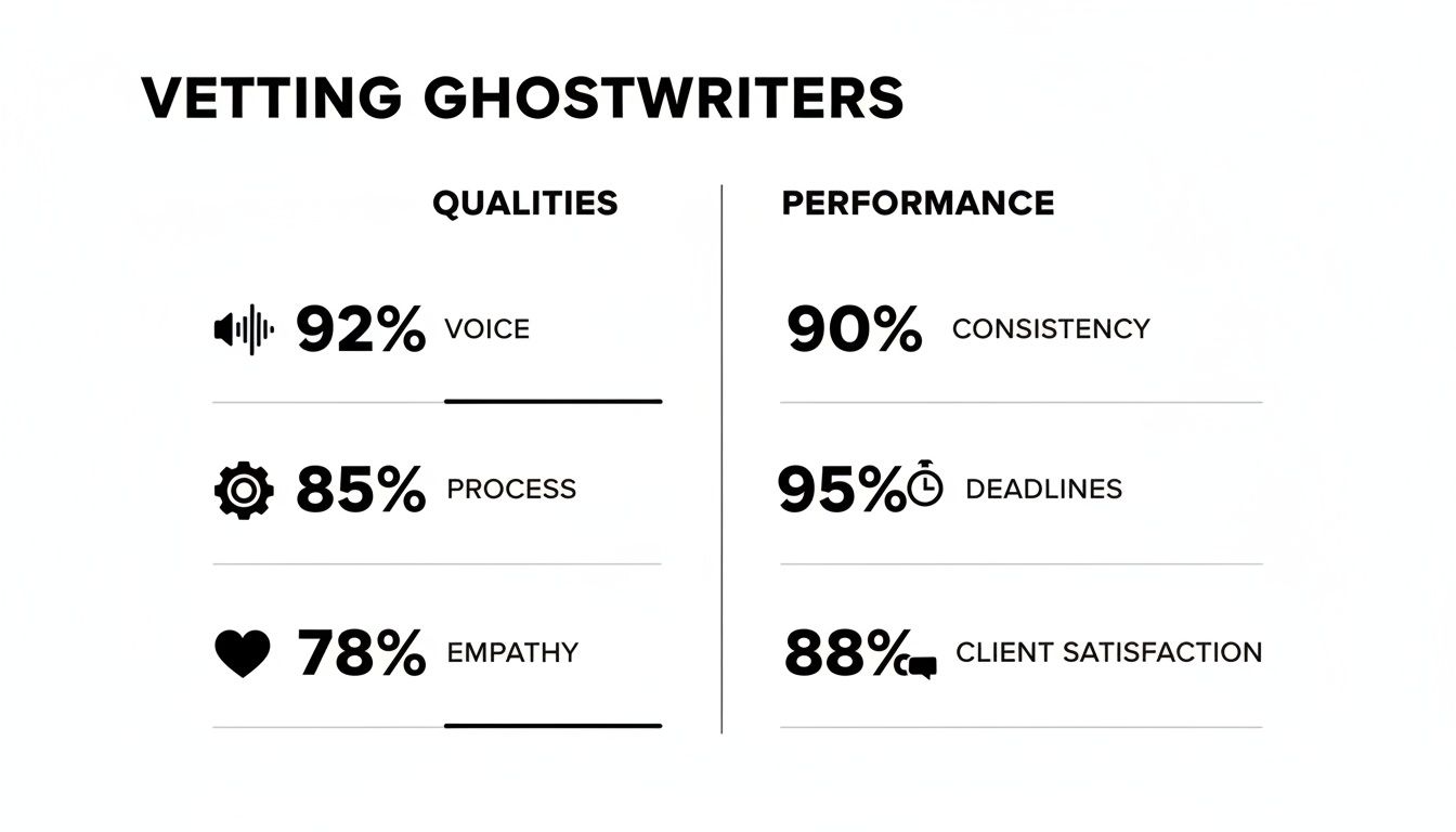 Infographic showing ghostwriter vetting criteria with qualities (voice, process, empathy) and performance metrics.