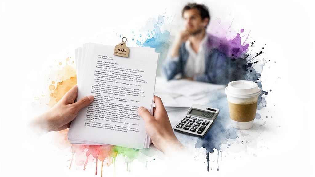 Close-up of hands reviewing documents with a calculator, coffee, and a blurred person in the background.