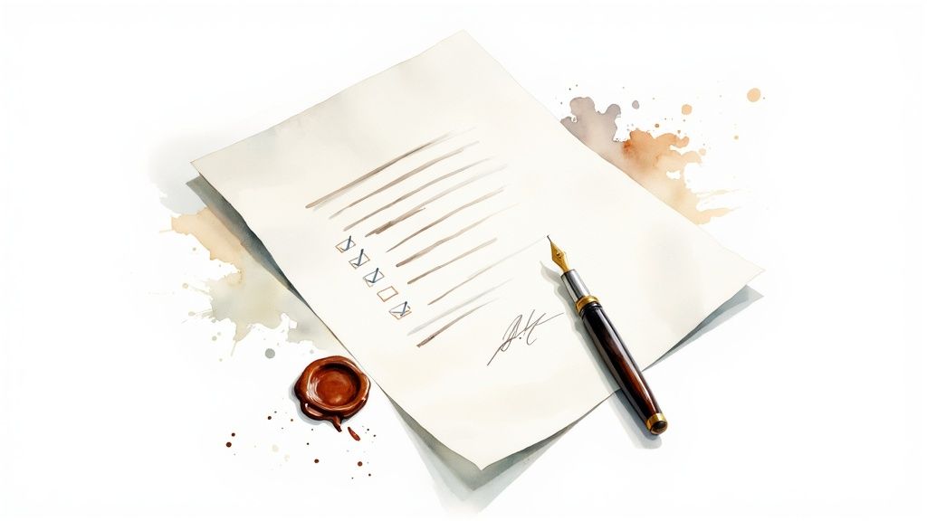 A watercolor illustration depicting a document with a checklist, a fountain pen, and a wax seal.