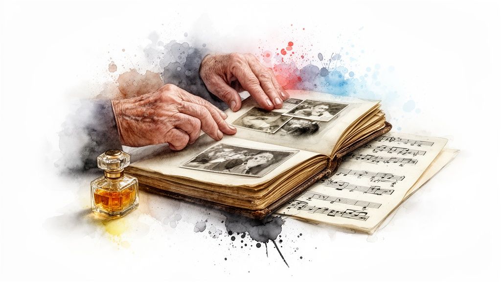 A person's aged hands gently touching old black and white photos in a memory album, next to a perfume bottle and sheet music.