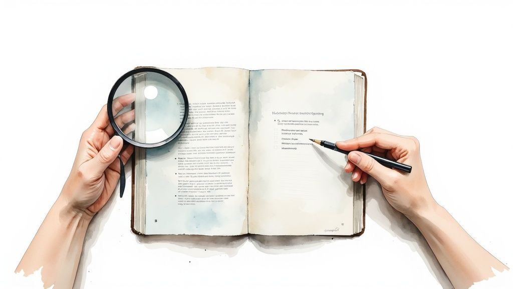 Two hands researching an open book with a magnifying glass and pen on white background.