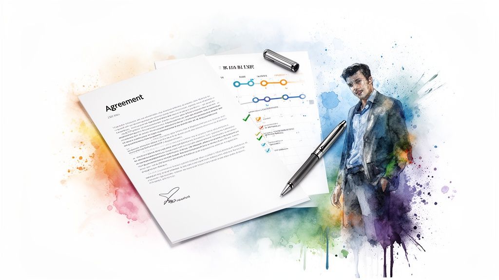 Watercolor art of a business agreement with signature, charts, a pen, and a businessman.