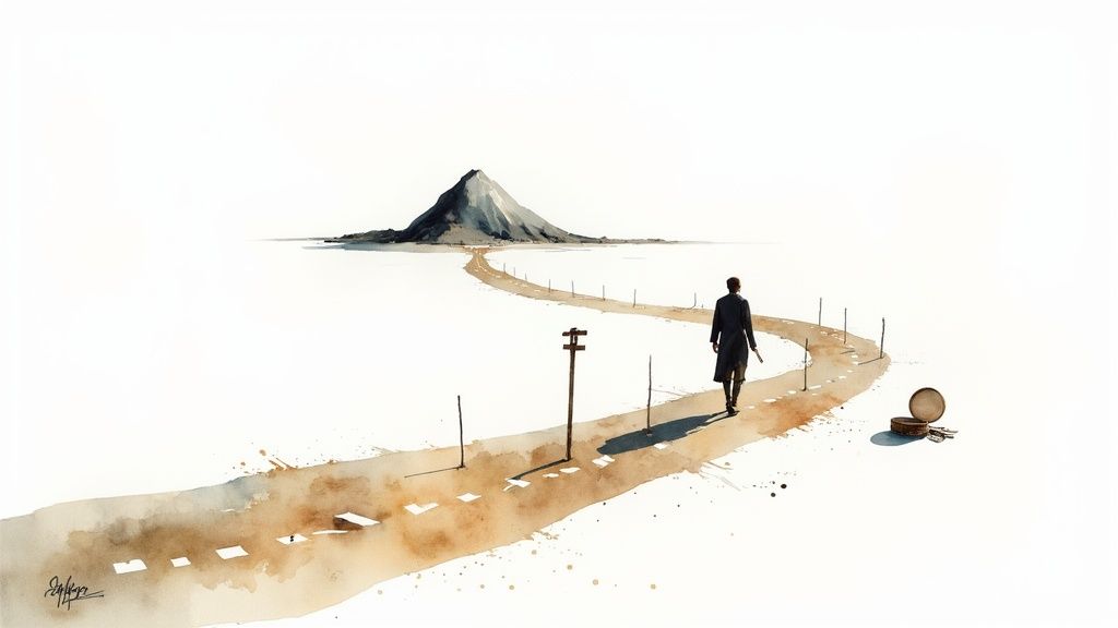 A lone figure walks a winding road towards a distant mountain in a minimalist watercolor style.