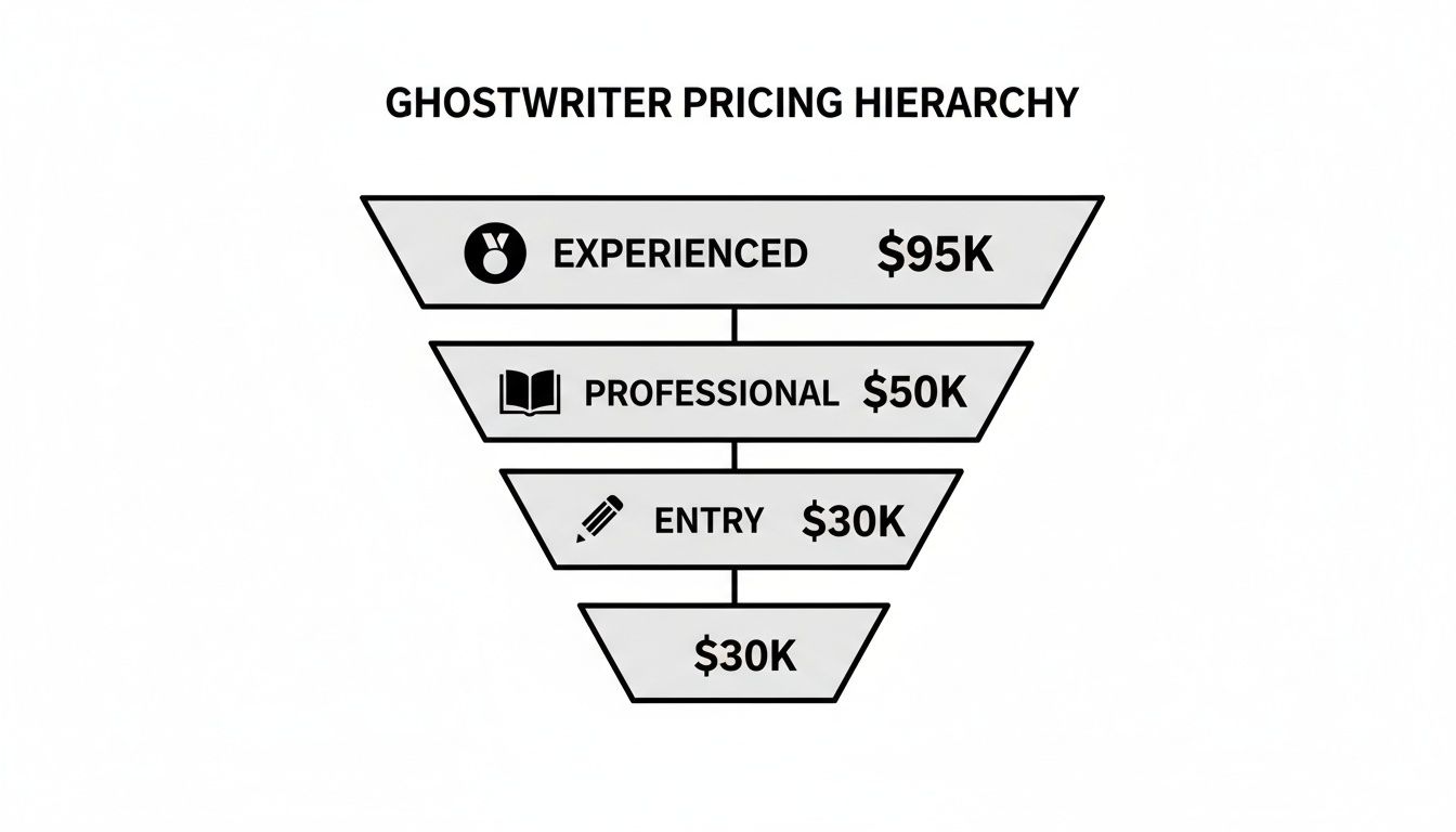 A ghostwriter pricing hierarchy funnel showing experienced ($95K), professional ($50K), and entry ($30K) levels.