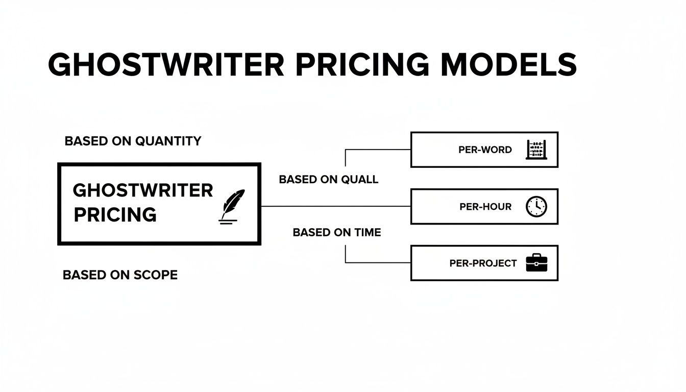 A diagram of ghostwriter pricing models, showing rates like per-word, per-hour, and per-project.