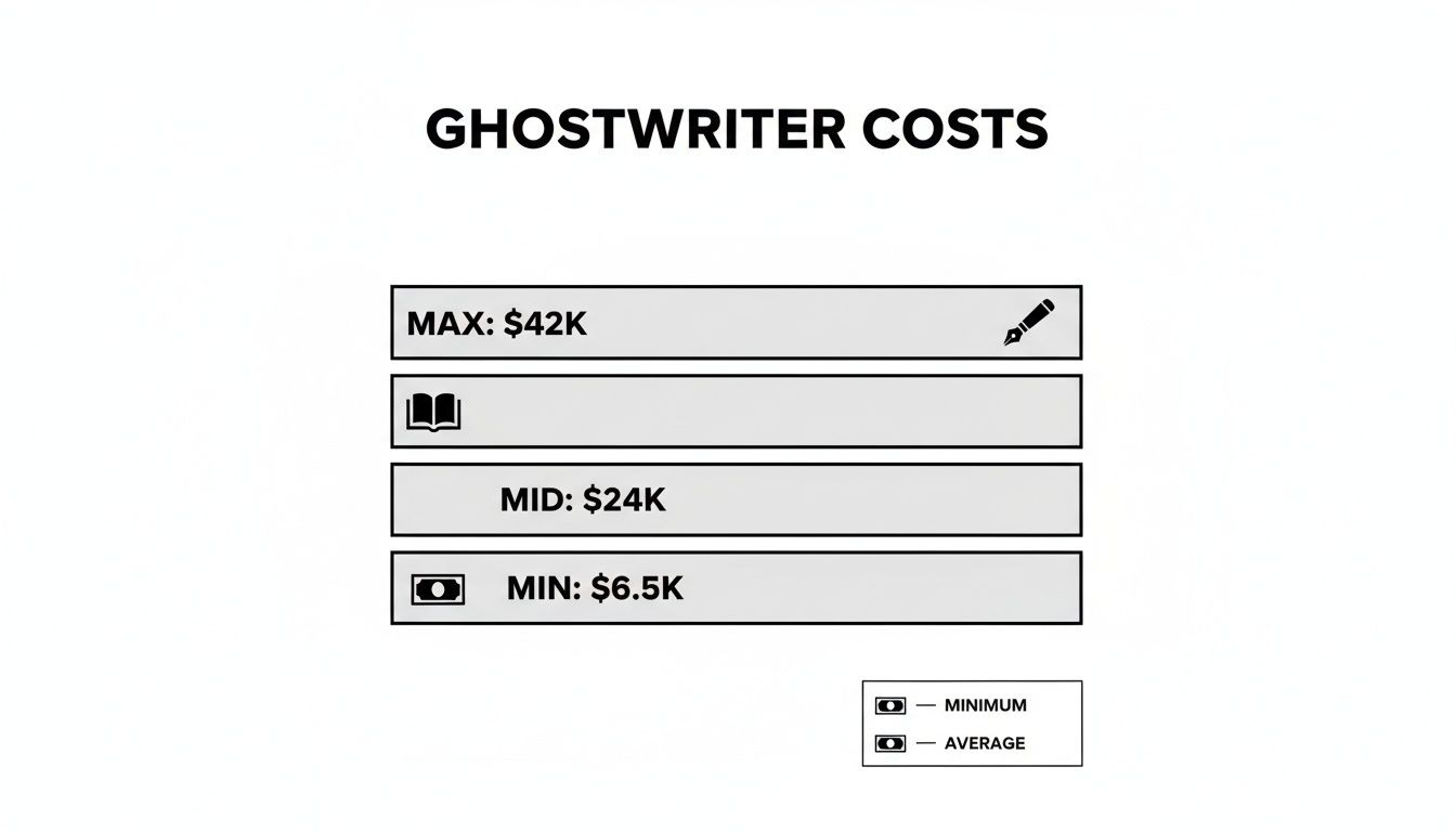 A chart displaying ghostwriter costs, showing maximum $42K, mid $24K, and minimum $6.5K.
