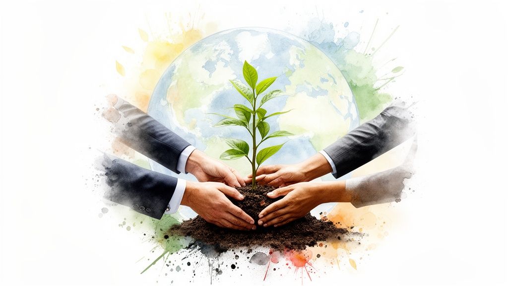 Four hands, two in business suits, planting a small green tree with a watercolor Earth globe background.