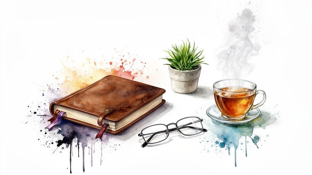 Watercolor art of a leather journal, plant, steaming tea, and reading glasses on white.