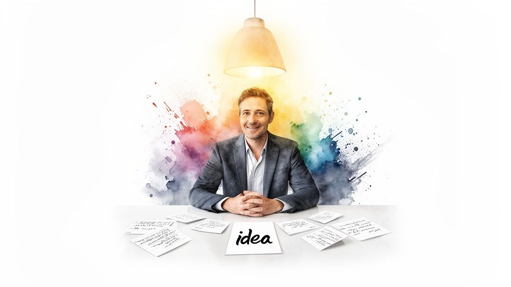 A smiling businessman sits at a table with papers, under a bright light, symbolizing a creative idea.