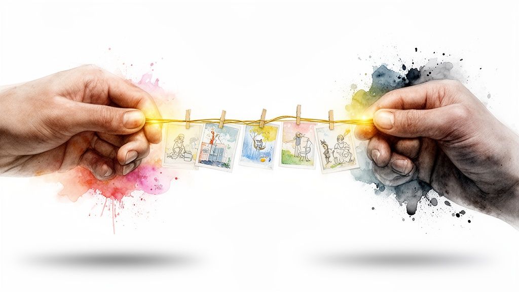 Two hands, vibrant and monochrome, hold a glowing string of illustrated memories.